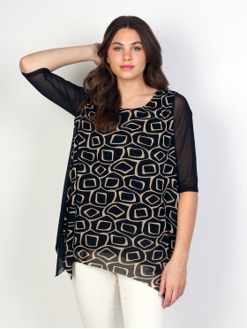 Mesh Short Sleeved Top with Abstract patterns